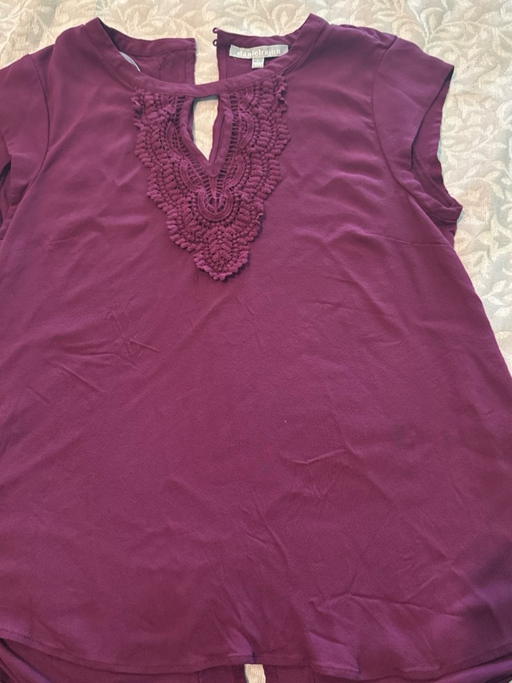 Daniel Rainn Plum Crochet-Trim Keyhole Cap-Sleeve Blouse